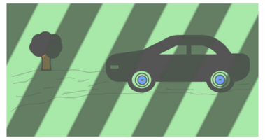 The image shows a black car with blue-rimmed wheels on a wavy-lined road next to a dark tree with a brown trunk. The green background has diagonal shadows, adding a unique stylized effect. png