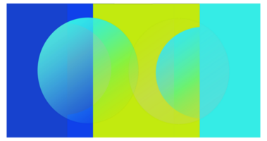 The image showcases an abstract geometric design with blue, lime green, and cyan rectangles. Overlapping semi-transparent turquoise circles create a layered, blended effect with soft gradients. png