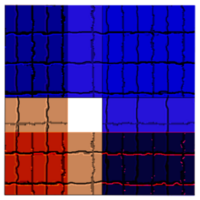 A mosaic tile pattern featuring bold blue, red, and beige squares with black and red grid lines. The textured effect and abstract design make it ideal for backgrounds, textiles, or artistic projects. png