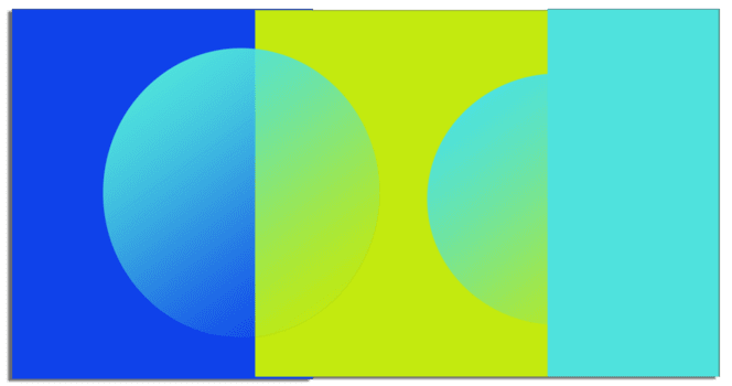 The image features a geometric abstract design with bold blue, lime green, and cyan rectangles. Two large translucent turquoise circles blend into the background, creating a layered, modern aesthetic. png