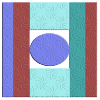 The image features embossed floral patterns on a geometric design. It has vertical red and teal stripes, light blue sections, and a central purple oval with a textured look. png