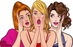 Three pop art beauties whisper top secrets with mysterious smiles png