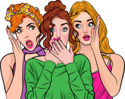 Three beautiful businesswomen of different styles hold their chins as they ponder over surprising information. png