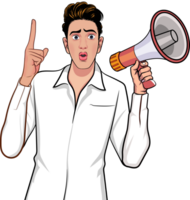 Retro man using a megaphone to call for attention. png