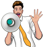 Pop art man shouting into a megaphone with excitement. png