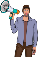 A model with a scruffy fashionista holding a megaphone to promote a new song. png