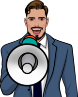 Retro man standing confidently while making a big announcement. png