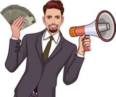 A young, smart executive holds a large sum of money and speaks through a megaphone inviting people to join an interesting business. png