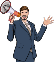Comic-style man holding a microphone and calling for urgent action. png