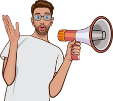 A young man dressed simply is announcing something through a megaphone. png