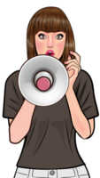 Pretty woman calling out to shoppers with a confident expression. png