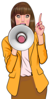 Retro lady holding a loudspeaker, calling attention to an exciting event. png