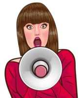 Retro ad with a woman shouting into a megaphone with a shocked expression on her face png