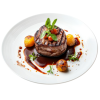 Grilled steak with cherry tomatoes and roasted potatoes on white plate, garnished with fresh herbs, creating appetizing and elegant presentation. , isolated transparent png