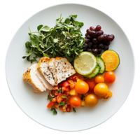 Fresh grilled chicken with colorful vegetables and fruits on white plate, showcasing healthy meal. vibrant colors and textures create appetizing presentation. , isolated transparent png