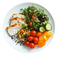 Healthy chicken salad with fresh vegetables and colorful toppings , isolated transparent png