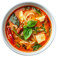 vibrant bowl of spicy noodle soup with tofu, herbs, and chili peppers, showcasing rich broth and fresh ingredients. , isolated transparent png