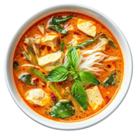 vibrant bowl of spicy noodle soup with tofu, herbs, and vegetables, showcasing rich broth and fresh ingredients. Perfect for comforting meal. , isolated transparent png