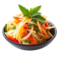 Fresh and vibrant papaya salad with colorful vegetables and herbs, served in black bowl, perfect for healthy meal. , isolated transparent png