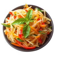 Fresh and colorful vegetable salad with noodles, featuring vibrant bell peppers and basil leaves, perfect for healthy meal. , isolated transparent png