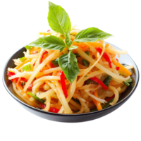Fresh and colorful vegetable salad with noodles, garnished with basil leaves, perfect for healthy meal or side dish. , isolated transparent png