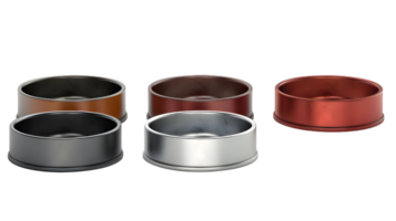 Five metallic bowls different colors modern design set 3d red on transparent background png