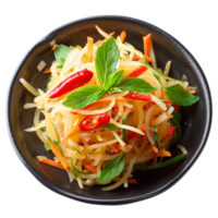 Fresh and vibrant salad with colorful vegetables, herbs, and chili peppers, served in black bowl, perfect for healthy meal. , isolated transparent png