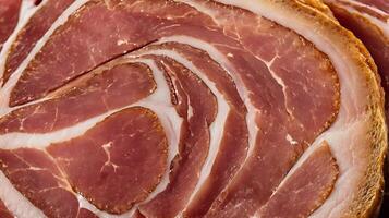 Extreme closeup of a beautifully marbled ham slice showcasing rich texture and flavor photo
