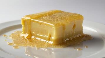 Closeup view of a delicious layer of vanilla dripping on a plate photo