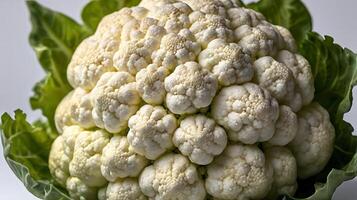 Closeup view of a cauliflower floret revealing detailed texture and structure photo