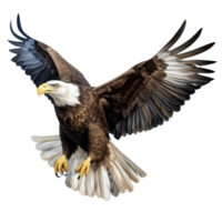 Majestic in Flight A bald eagle soars gracefully with its wings outstretched, showcasing rich brown feathers and striking white plumage on its head and tail against a transparent background. png