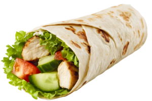 Delicious Grilled Chicken Wrap with Fresh Vegetables and Lettuce in a Tortilla png