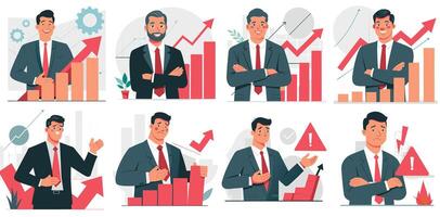 Flat Line Illustration Design Bundle Depicting Business Growth and Disappointment Concepts vector
