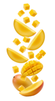 Mango . Tropical mango slices falling down . Fresh, juicy mango pieces isolated on transparent background. Floating mango pieces . Dynamic falling mango slices isolated png