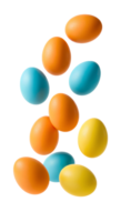 colorful easter eggs . solid coloured easter eggs falling down isolated. happy easter eggs . festive and vibrant design for Easter promotions. easter egg top view flat lay isolated png