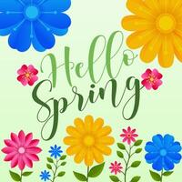 hello spring text on colorful flowers and leaves background vector