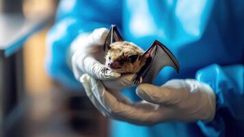 a scientist in a laboratory holding a small bat with gloved hands.HKU5-CoV-2 and Coronavirus concept. photo