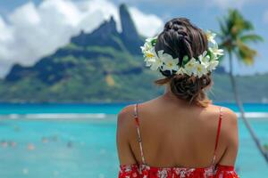 Back view woman Hawaii beach girl with crown . Generate AI. photo