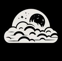 A black and white illustration of a moon and clouds vector