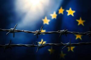 barbed wire with European union flag background., photo