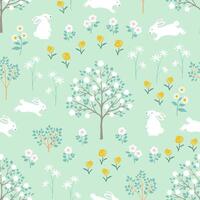 Easter seamless repeat pattern with hand drawn rabbits and wildflowers on spring forest vector
