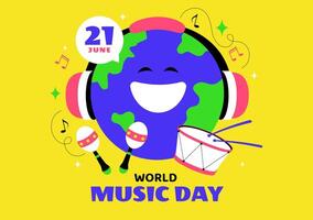 June 21st World Music Day Illustration with Melodic Notes and Instruments in a Fun Cartoon Background vector