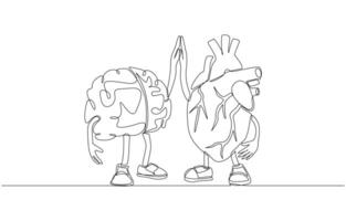 Continuous one line drawing of brain and heart character making high five gesture, brain-heart connection, relationship between mental and physical health concept, single line art vector