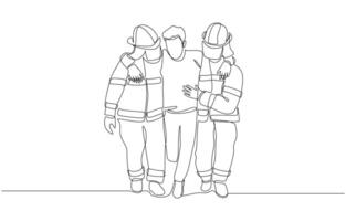 Continuous one line drawing of two firefighters helping fire victim, rescue concept, single line art vector