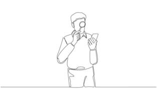Continuous one line drawing of man looking at smartphone screen through magnifying glass, consuming news with discretion, filtering fake news concept, single line art vector