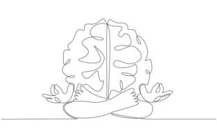 Continuous one line drawing of brain character meditating, mental health development concept, single line art vector