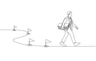 Continuous one line drawing of businessman holding money walking on investment path, investment milestones, business journey concept, single line art vector