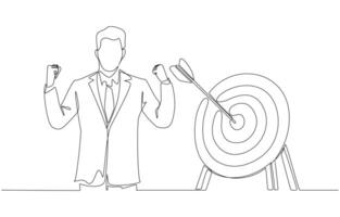 Continuous one line drawing of happy businessman clenching fists with arrow hitting bullseye, business goal accomplishment concept, single line art vector