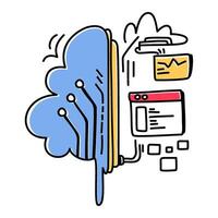 Illustration of a brain connected to a cloud, with data streams and processing. Ideal for cloud-based AI, machine learning vector