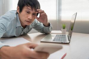 disappoint, sad after receive bad news. Stressed boy confused with unhappy problem, cry and worry about unexpected work, down economy, bipolar, photo